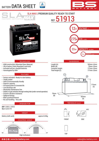 Akumulator BS Battery SLA MAX AGM 51913 12V 275A 22Ah